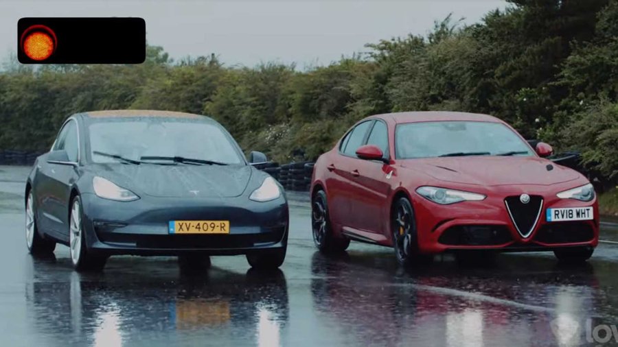 Tesla Model 3 And Alfa Romeo Giulia QV Meet For A Rainy Drag Race